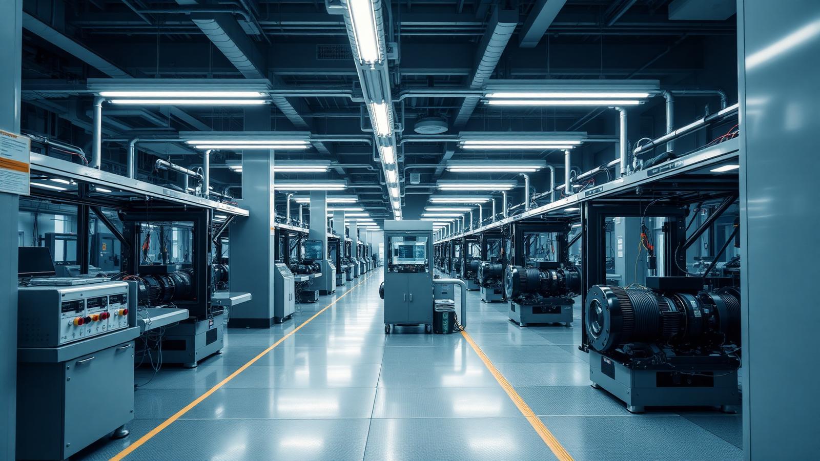 Precision electric drive assembly line with automated stations in a clean production hall.