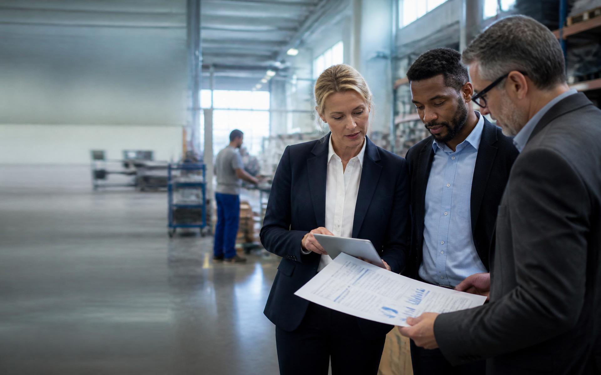 Operations leaders reviewing performance data on the floor of a modern industrial facility.